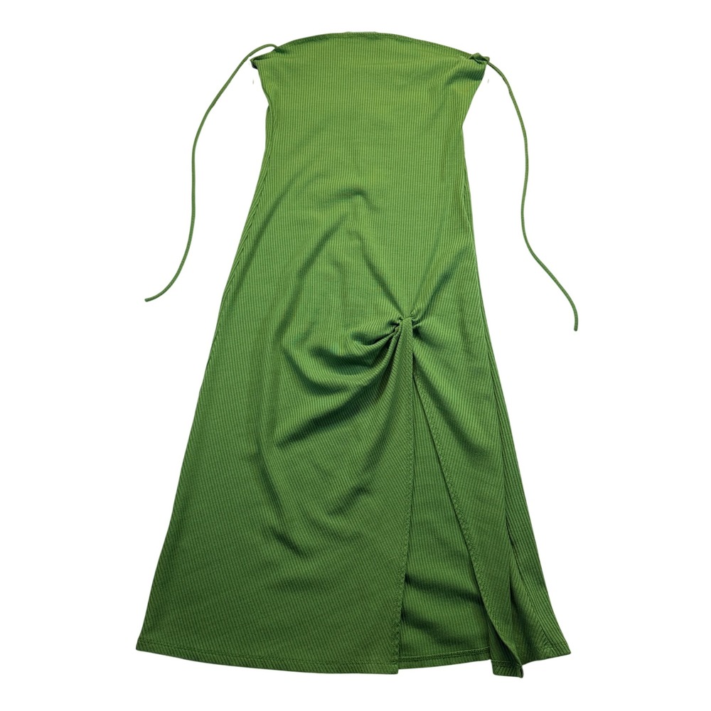 Reformation Ribbed Midi Dress Womens M Green Tencel Bodycon Ruched Slit